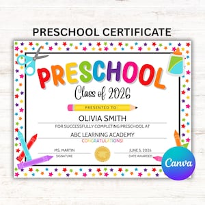 Editable Preschool Graduation Certificate Class of 2026, Canva Template, Graduation Diploma 8.5x11 A4