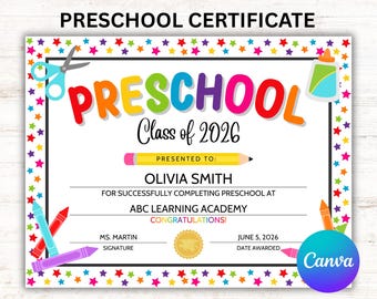 Editable Preschool Graduation Certificate Class of 2026, Canva Template, Graduation Diploma 8.5x11 A4