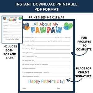Father's Day Gift All About My Pawpaw Printable - Instant Download PDF ...