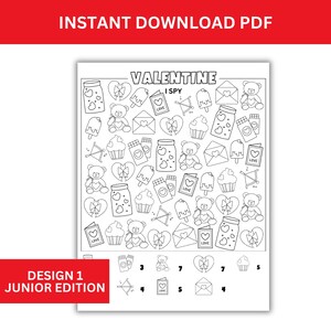 May include: Black and white printable Valentine's Day I Spy game for kids. The game features a variety of Valentine's Day themed images, including hearts, teddy bears, cupcakes, and envelopes. The game is designed for children to find the hidden images and count them.