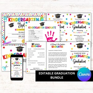 Paquete de graduación de kínder: plantillas editables de Canva: programa, invitación, diploma, recuerdo, anuncio y cartel de clase.