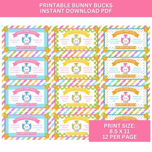 May include: Printable Bunny Bucks PDF with colorful designs. Each coupon features a bunny illustration and text like "Redeem for Donuts" or "Redeem for Movie & Snacks." The print size is 8.5 x 11 inches, with 12 coupons per page.