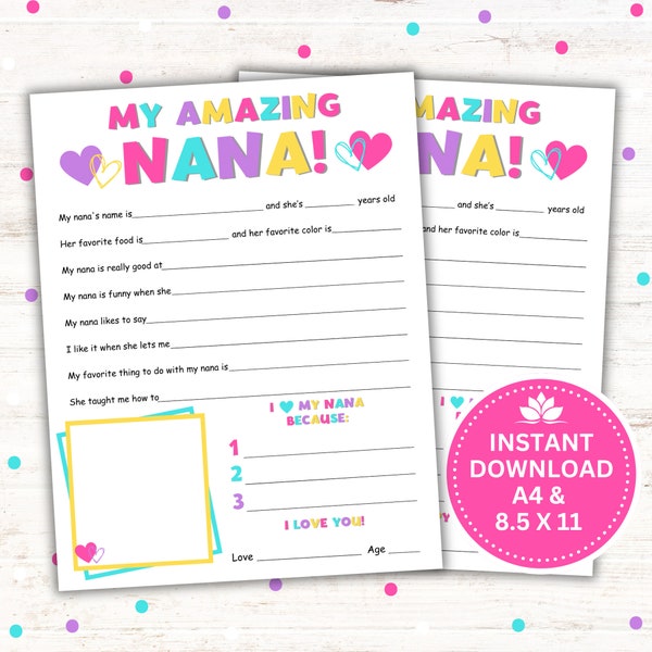 Mother's Day Gift, My Amazing Nana Printable, Birthday Gift for Grandma, Grandparents Day Gift, Instant Download PDF