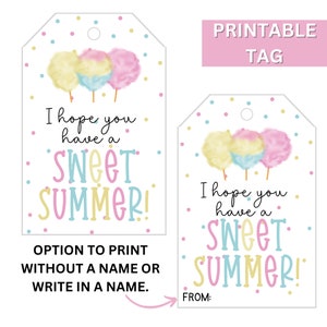 May include: Printable gift tag with a white background and colorful confetti. The tag features a cartoon illustration of three cotton candy cones and the text "I hope you have a sweet summer!" with an option to write in a name.
