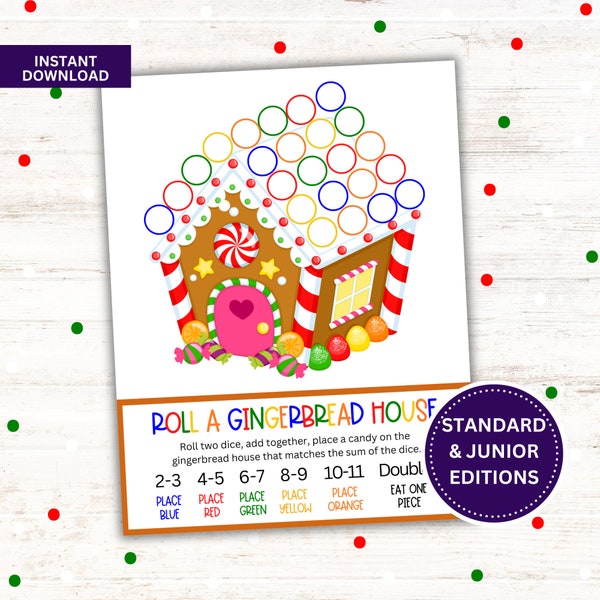 Printable Gingerbread House Roll a Game, Standard and Junior Editions, Full or Half Sheets, Festive Math Activity, Printable Christmas Games