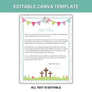 May include: Printable Easter card template with a colorful banner, a cross, and Easter eggs. The text reads "Add Name", "Easter is a very special time of the year for many reasons, but the most important reason is that we celebrate the resurrection of Jesus Christ!" and "Happy Easter with Love. The Easter Bunny."