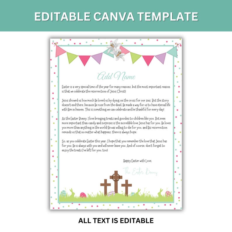 May include: Printable Easter card template with a colorful banner, a cross, and Easter eggs. The text reads "Add Name", "Easter is a very special time of the year for many reasons, but the most important reason is that we celebrate the resurrection of Jesus Christ!" and "Happy Easter with Love. The Easter Bunny."