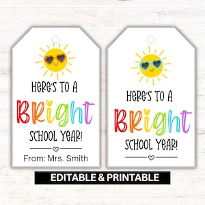 Editable Back to School Gift Tags - Here&#39;s to a Bright School Year, Canva and Instant Download PDF