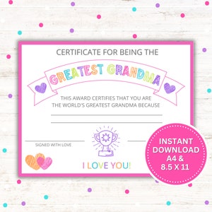 Certificado de "La mejor abuela" imprimible / Regalo del Día de la Madre / Regalo de cumpleaños / Día de los Abuelos / Descarga digital