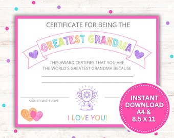 Certificaat Greatest Grandma: invulcadeau (digitale download)