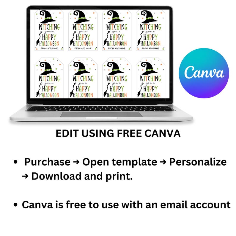 Laptop displaying eight Halloween treat tags in Canva with instructions to open the template, personalize the name, download, and print.