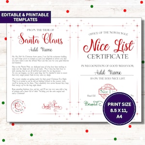 Personalized Letter from Santa and Official Nice List Certificate, Editable Template, 8.5x11 & A4 - Instant Download, Letter from Santa