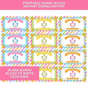 May include: Printable Bunny Bucks in various colors with a bunny and carrot theme. Each card reads "Official Bunny Bucks" and "In Carrots We Trust." The image also includes the text "Blank Bunny Bucks to Write Your Own."