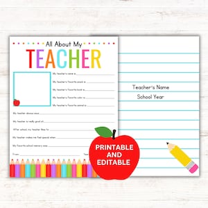 Teacher Appreciation “All About My Teacher” printable, prompts for snack, saying, memory in colorful worksheet design.