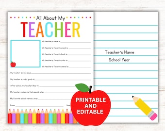 All About My Teacher Printable: Editable Teacher Appreciation Gift (PDF)
