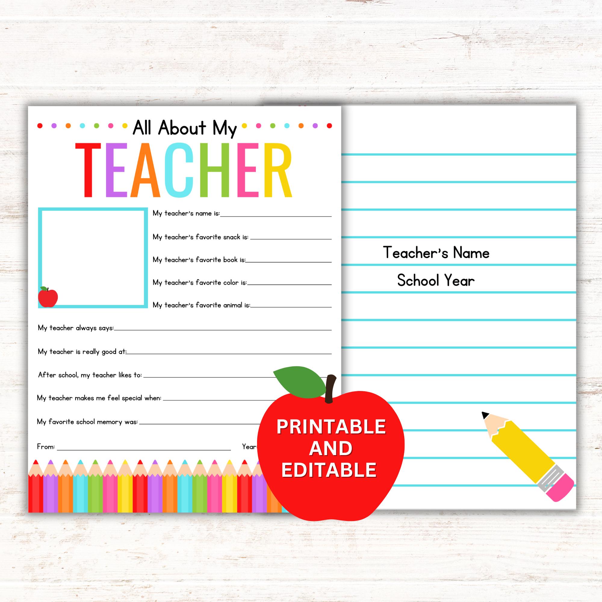 All About My Teacher Printable: Editable Teacher Appreciation Gift (PDF ...