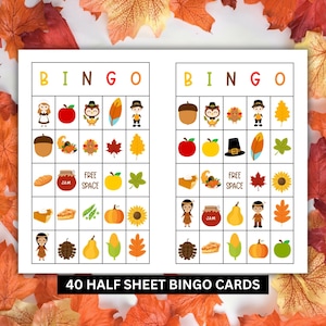 Thanksgiving Bingo Game Printable - 40 Half-Sheet Cards, Instant Download PDF