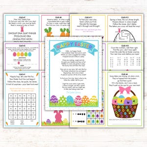 Búsqueda del tesoro de huevos de Pascua imprimible para preadolescentes y adolescentes, 12 pistas de acertijo, editable en Canva, carta de conejito de Pascua, descarga instantánea