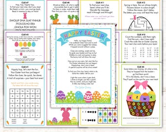 May include: A collection of Easter-themed clue cards with colorful designs. The cards feature riddles, mazes, and word puzzles, with the text "Happy Easter" on a central card. The cards are designed for an Easter egg hunt.
