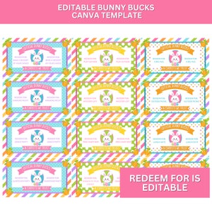 May include: A collection of colorful Easter-themed Bunny Bucks templates. Each features a bunny illustration and text like "Redeem for Karaoke Night" and "In Carrots We Trust." The words "Editable Bunny Bucks Canva Template" are at the top.