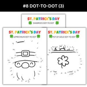 Three printable dot-to-dots. Includes a shamrock, pot of gold, and a leprechaun.