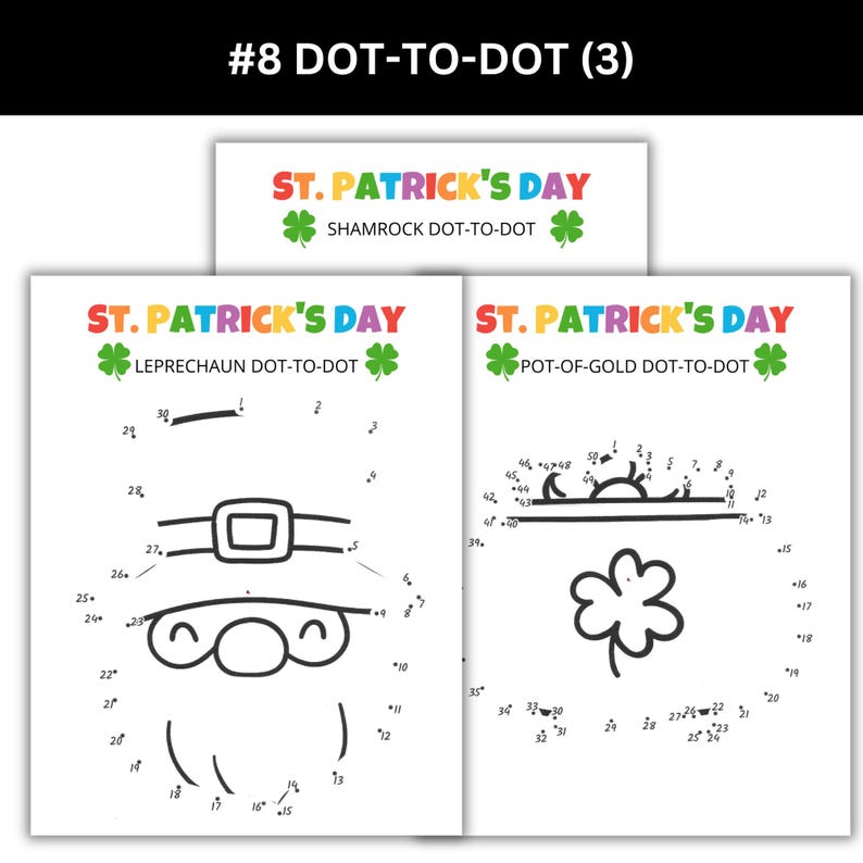 Three printable dot-to-dots. Includes a shamrock, pot of gold, and a leprechaun.