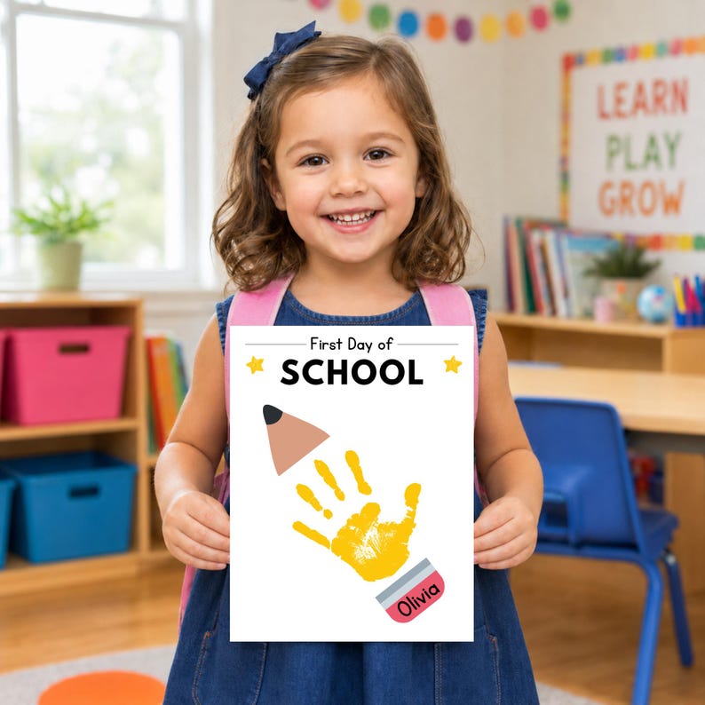 Young student holding a completed First Day of School handprint printable in a classroom.