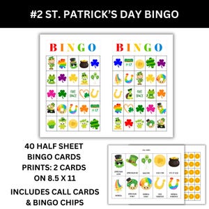 St. Patrick's Day bingo. Includes 40 half sheet printable bingo cards, call cards, and bingo chips.