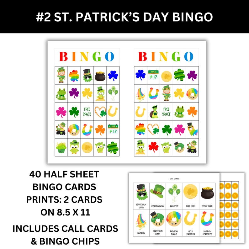 St. Patrick's Day bingo. Includes 40 half sheet printable bingo cards, call cards, and bingo chips.