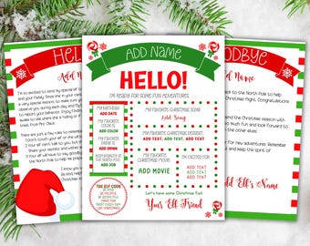May include: A printable Christmas elf activity sheet with a red and green colour scheme. The sheet has a section for a child to fill in their favourite Christmas song, dessert, and movie. The sheet also includes a section for the elf to fill in their job and the elf code.