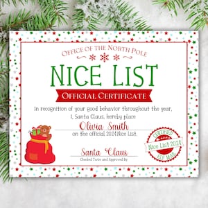 Certificato di lista dei buoni / Certificato ufficiale di Babbo Natale / PDF stampabile di Natale modificabile e modello Canva