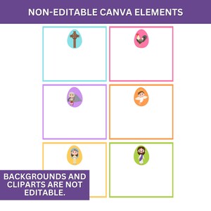 May include: A printable Easter activity sheet with six blank squares. Each square has a colourful border and a small Easter-themed image inside. The images include a cross, a rooster, a woman holding a lamb, an angel, a woman with a blue dress, and a man with a beard. The text "NON-EDITABLE CANVA ELEMENTS" is at the top of the sheet. The text "BACKGROUNDS AND CLIPARTS ARE NOT EDITABLE." is at the bottom of the sheet.