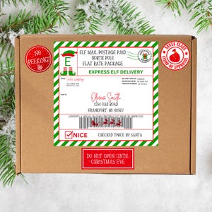Etiqueta navideña imprimible de Elf Mail, etiqueta de envío de Papá Noel, franqueo al Polo Norte, descarga instantánea