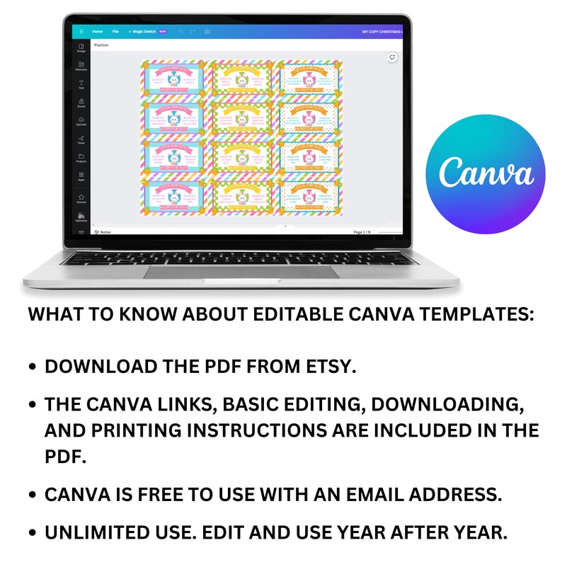 May include: A laptop displays a Canva template with colorful Easter-themed designs. The screen shows multiple labels with bunny graphics and text. Below the laptop, text explains the template's features, including PDF download and Canva usage.