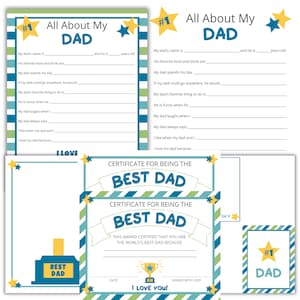 Puede incluir: Una tarjeta para el D&iacute;a del Padre imprimible con un certificado que dice "Certificado por ser el mejor pap&aacute;". La tarjeta tiene un fondo a rayas azul, verde y amarillo con estrellas. El texto "&iexcl;Te amo!" est&aacute; impreso en verde sobre una estrella amarilla.