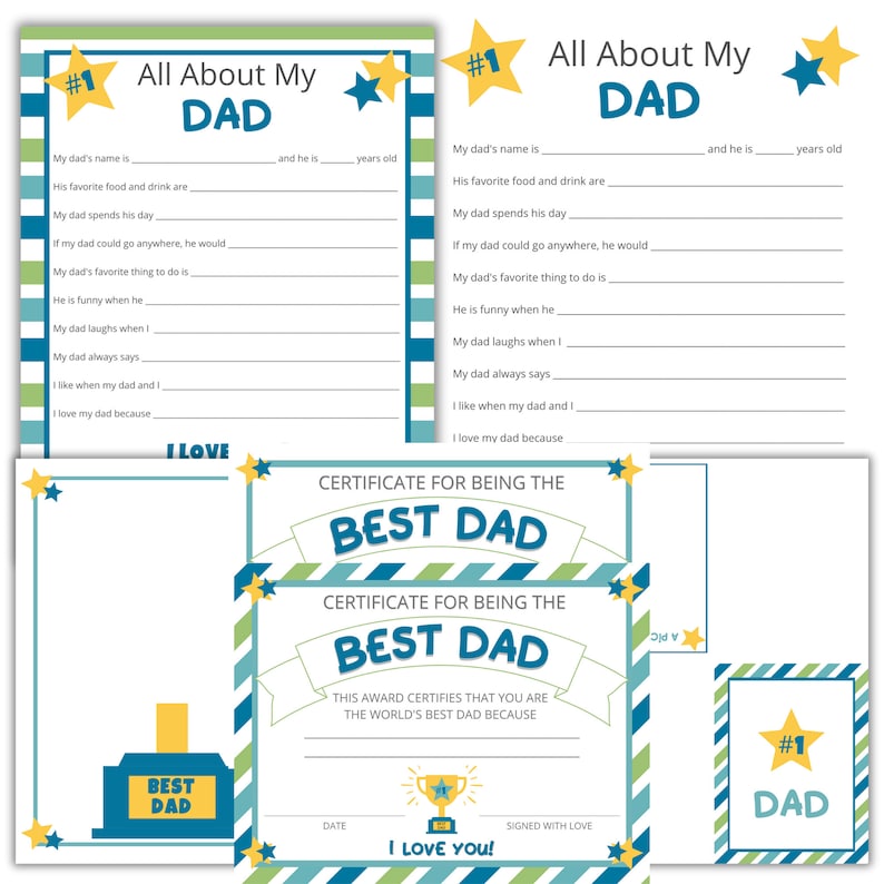 Puede incluir: Una tarjeta para el D&iacute;a del Padre imprimible con un certificado que dice "Certificado por ser el mejor pap&aacute;". La tarjeta tiene un fondo a rayas azul, verde y amarillo con estrellas. El texto "&iexcl;Te amo!" est&aacute; impreso en verde sobre una estrella amarilla.