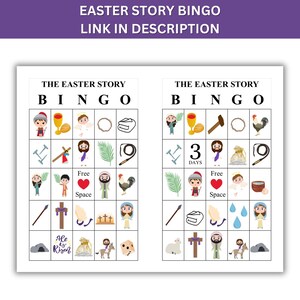 May include: Two printable Easter story bingo cards with images of the Easter story. The cards have a free space in the centre and are ready to be played.