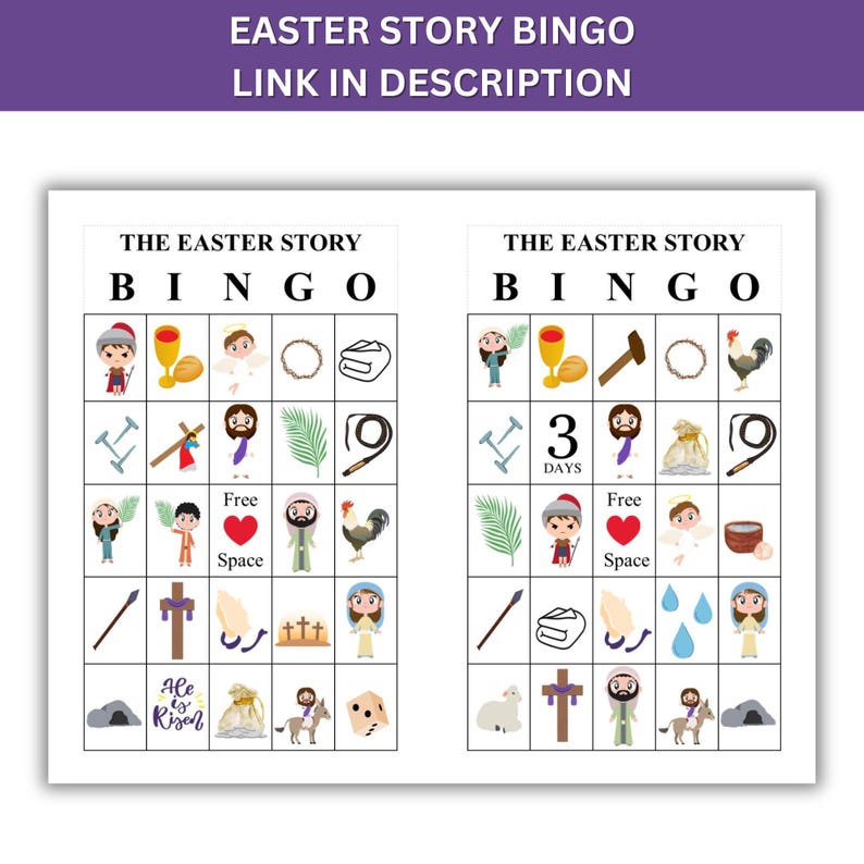 May include: Two printable Easter story bingo cards with images of the Easter story. The cards have a free space in the centre and are ready to be played.