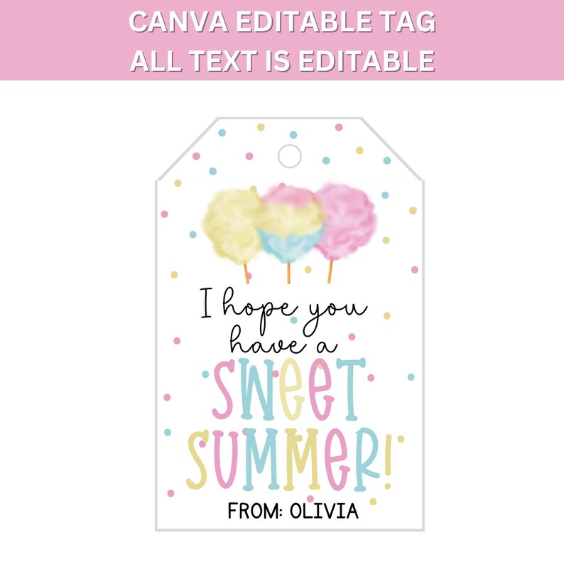 May include: A pink, blue, and yellow cotton candy gift tag with the text "I hope you have a sweet summer!" and "FROM: OLIVIA".