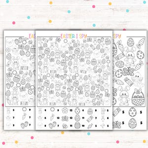 May include: Black and white printable Easter I Spy activity sheets with images of bunnies, eggs, butterflies, carrots, and chicks. The sheets include a number grid for counting the images.