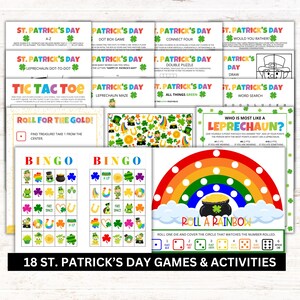 St Patrick’s Day printable games bundle for kids with bingo, rainbow dice game, puzzles, coloring sheets and classroom activities.