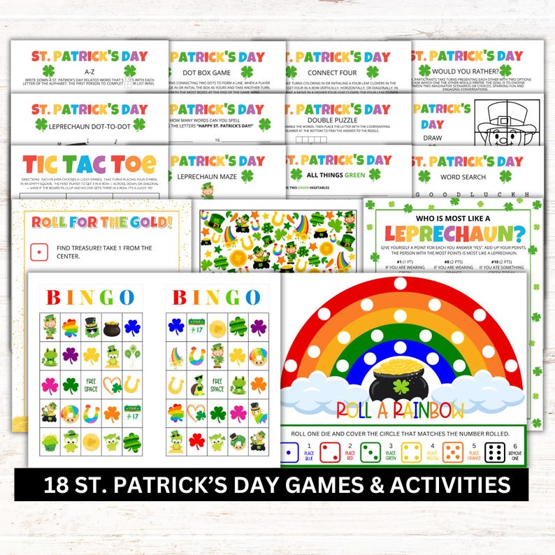 St Patrick’s Day printable games bundle for kids with bingo, rainbow dice game, puzzles, coloring sheets and classroom activities.