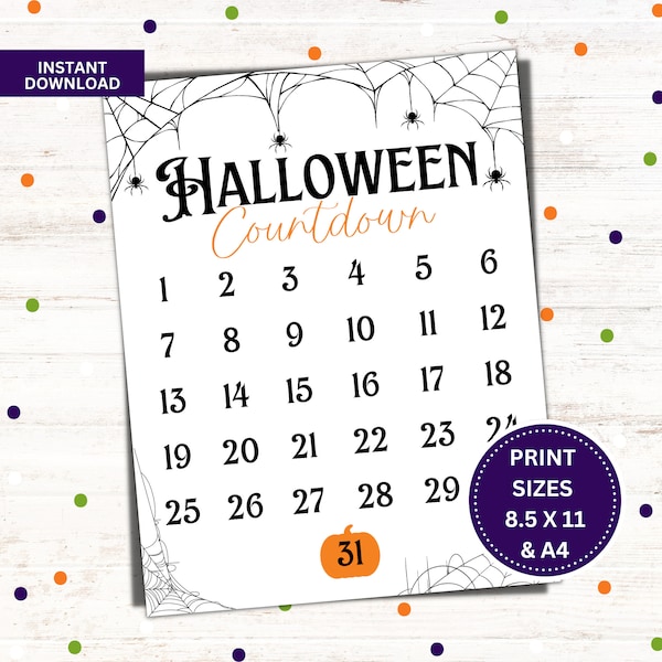 Halloween Countdown Calendar, Halloween Wall Art, Printable Halloween Activities for Kids, Spooky Decor, Child's Countdown, Instant Download