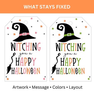 Two witch gift-tag designs showing the fixed artwork, message, colors, fonts, stars, and layout that cannot be edited in Canva.