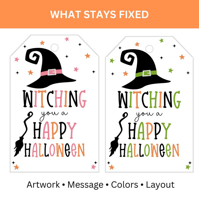 Two witch gift-tag designs showing the fixed artwork, message, colors, fonts, stars, and layout that cannot be edited in Canva.