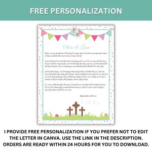 May include: A printable Easter card with a pink, green, and blue color scheme. The card features a banner with the names "Olivia & Liam" and a message about the importance of Easter. The card also includes a graphic of three crosses and a bunny.