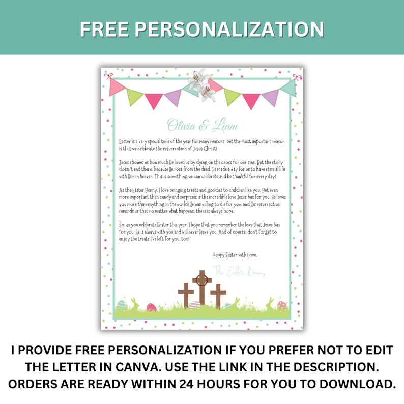 May include: A printable Easter card with a pink, green, and blue color scheme. The card features a banner with the names "Olivia & Liam" and a message about the importance of Easter. The card also includes a graphic of three crosses and a bunny.