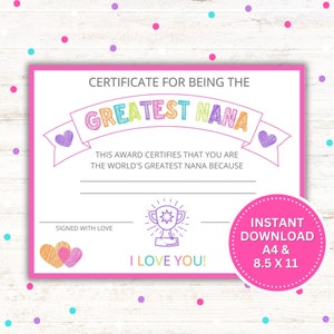 Certificado de "La mejor abuela" imprimible / Regalo para el Día de la Madre / Regalo para el Día de los Abuelos / Descarga instantánea en PDF y JPG