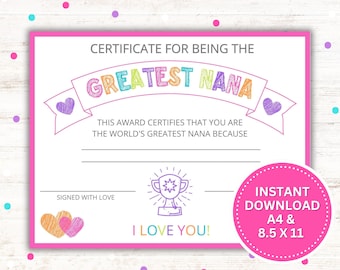 Greatest Nana Certificate | Mother's Day, Grandparents Day Gift (PDF & JPG)
