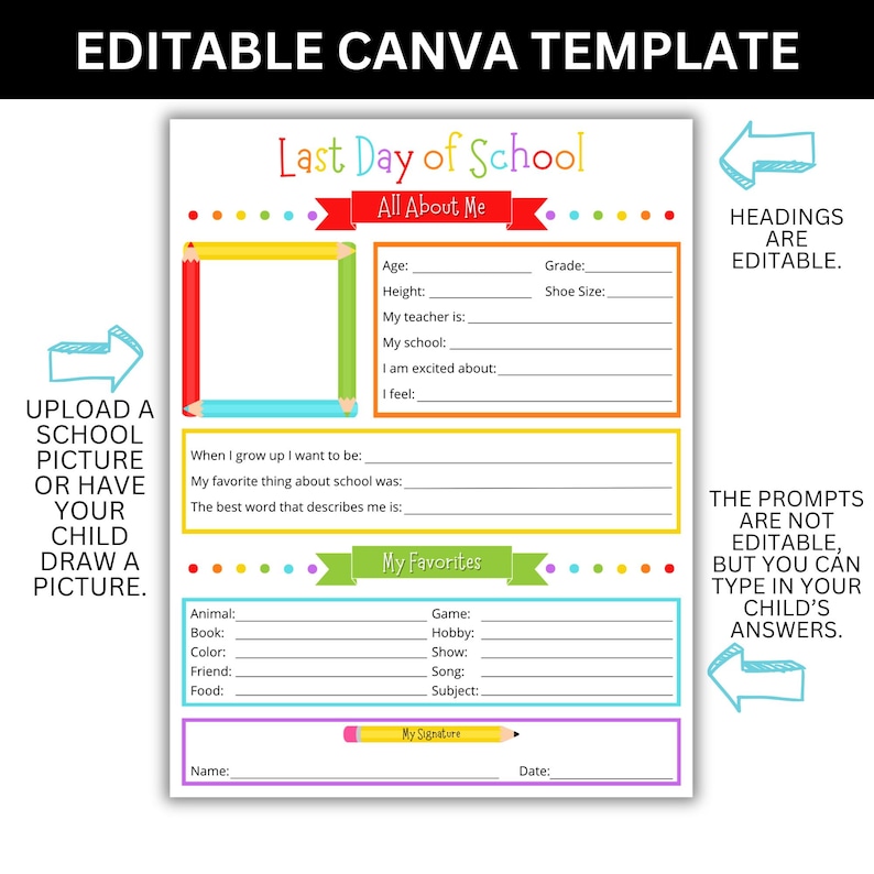 Last day of school printable interview page with memories section.